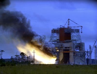 Static firing of a Saturn V stage on the test stand (NASA).