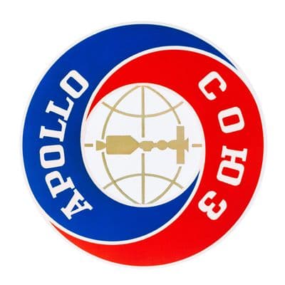 Oficiální znak mise Apollo–Sojuz: nápisy APOLLO a СОЮЗ kolem glóbu se spojenými loděmi.