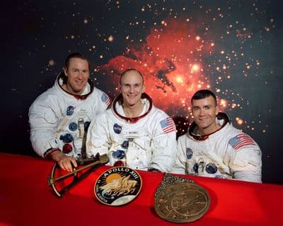 Official portrait of the Apollo 13 prime crew: Jim Lovell, Jack Swigert, and Fred Haise (NASA S69-62224).