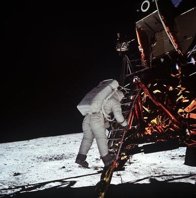 Buzz Aldrin leaves the lunar module Eagle (AS11-40-5868).