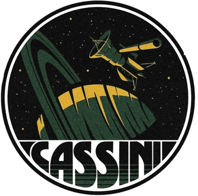 Cassini–Huygens mission logo with Saturn and the Cassini spacecraft trajectory.