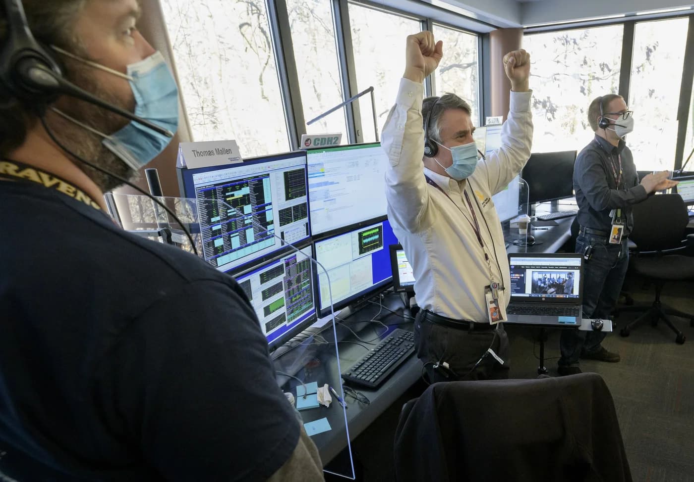The Webb mission operations team at the Space Telescope Science Institute in Baltimore celebrates on 8 January 2022 after the final primary mirror wing extended and locked into place.