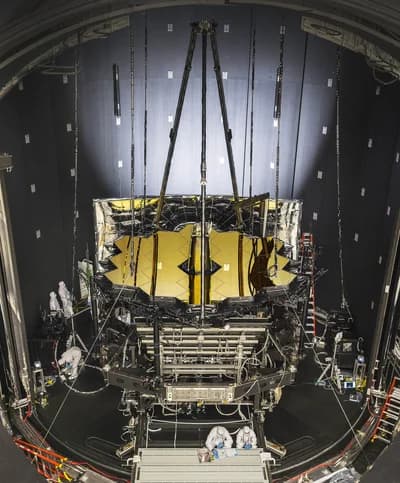 The telescope and instrument section of Webb inside Chamber A at NASA's Johnson Space Center in June 2017, before a cryogenic vacuum test lasting about three months.