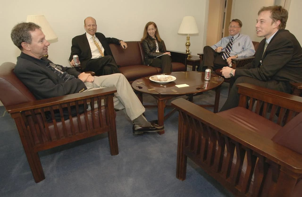 NASA Administrator Michael Griffin, left, meeting Elon Musk, right, at NASA Headquarters on 20 April 2005. Photograph: NASA / Renee Bouchard.