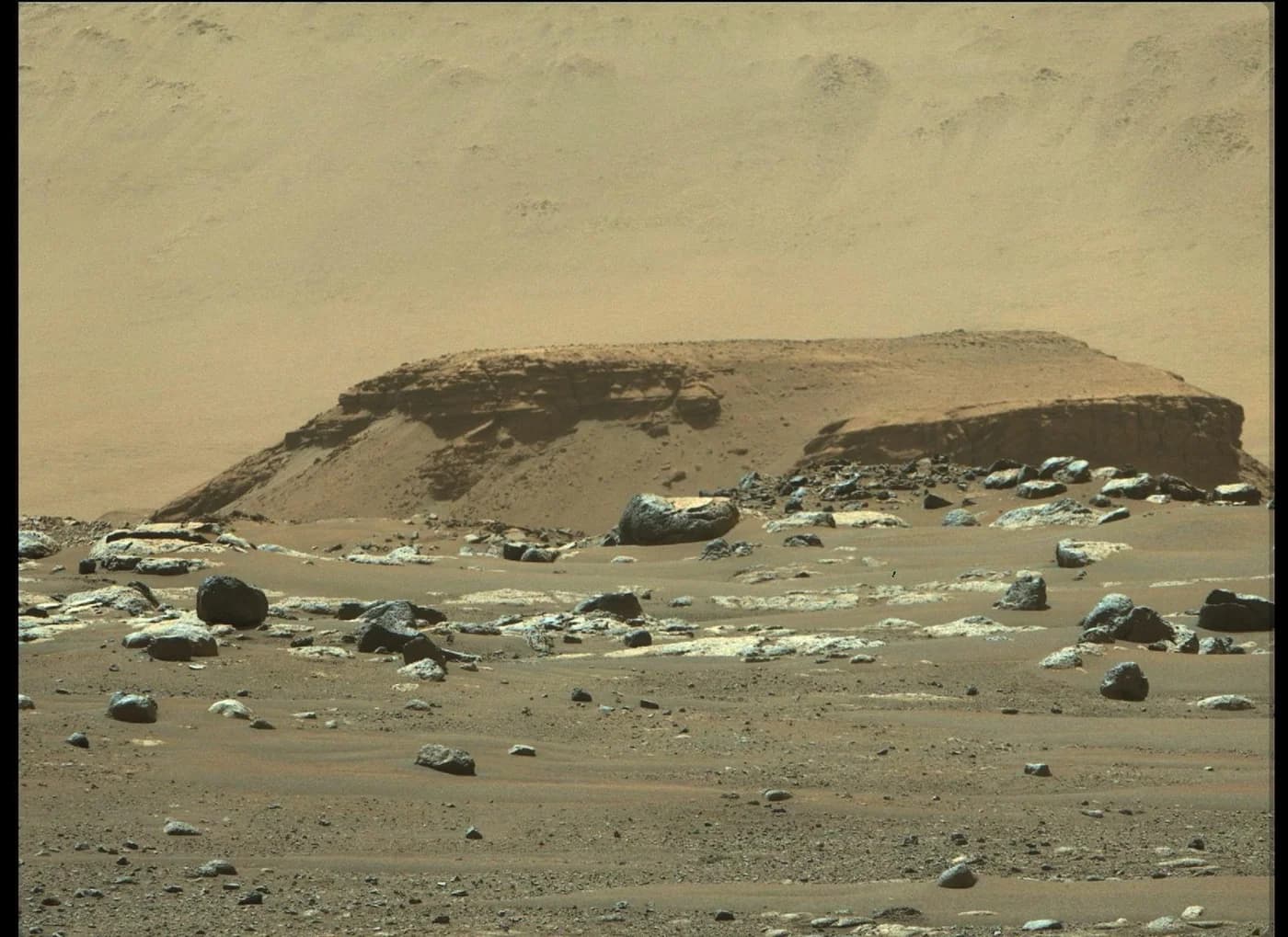 Remnant of the ancient river delta in Jezero Crater, about 2.3 km west of the landing site, seen by Mastcam-Z on 22 February 2021.