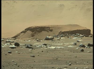 Remnant of the ancient river delta in Jezero Crater, about 2.3 km west of the landing site, seen by Mastcam-Z on 22 February 2021.