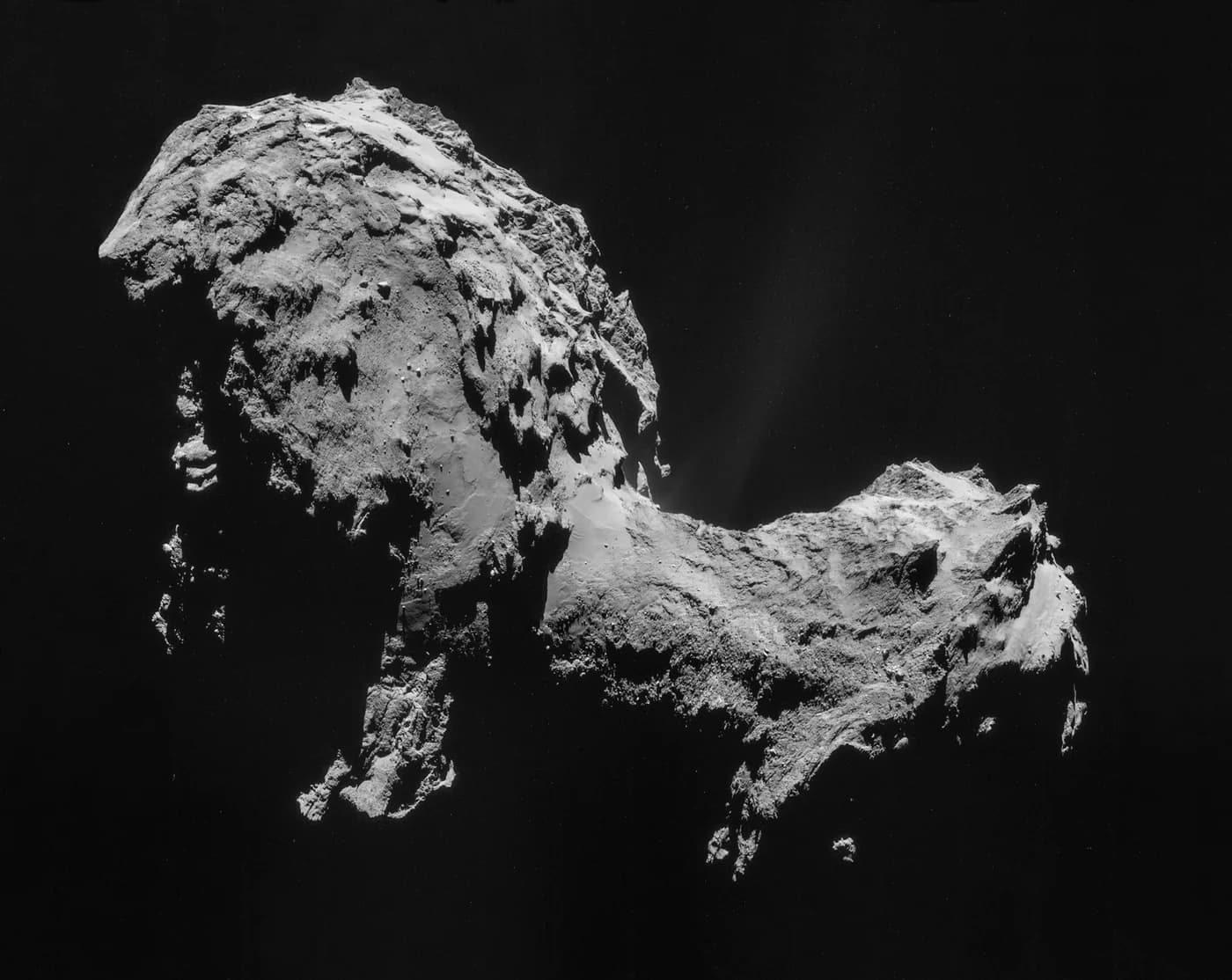 Comet 67P/Churyumov–Gerasimenko seen by Rosetta’s navigation camera on 19 September 2014 from about 28.6 km from the comet’s centre; the two lobes of the nucleus are clearly visible.