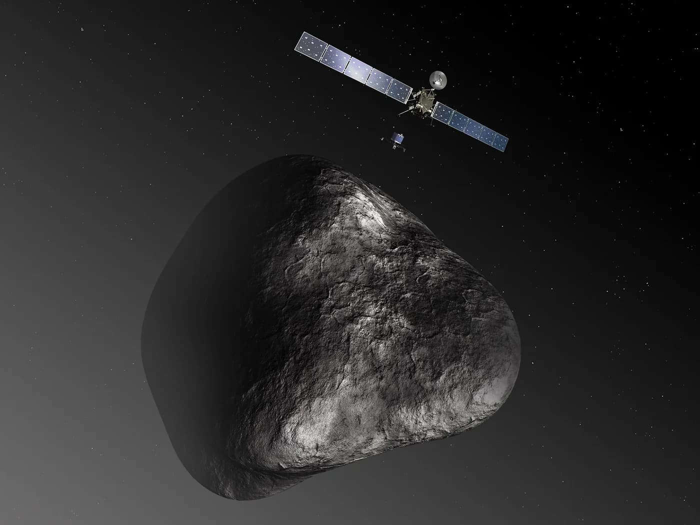 Umělecká představa vzniklá ještě před příletem: orbitální sonda Rosetta vypouští přistávací modul Philae ke kometě. Obrázek není v měřítku; skutečný dvoulaločný tvar komety se ukázal až v roce 2014.