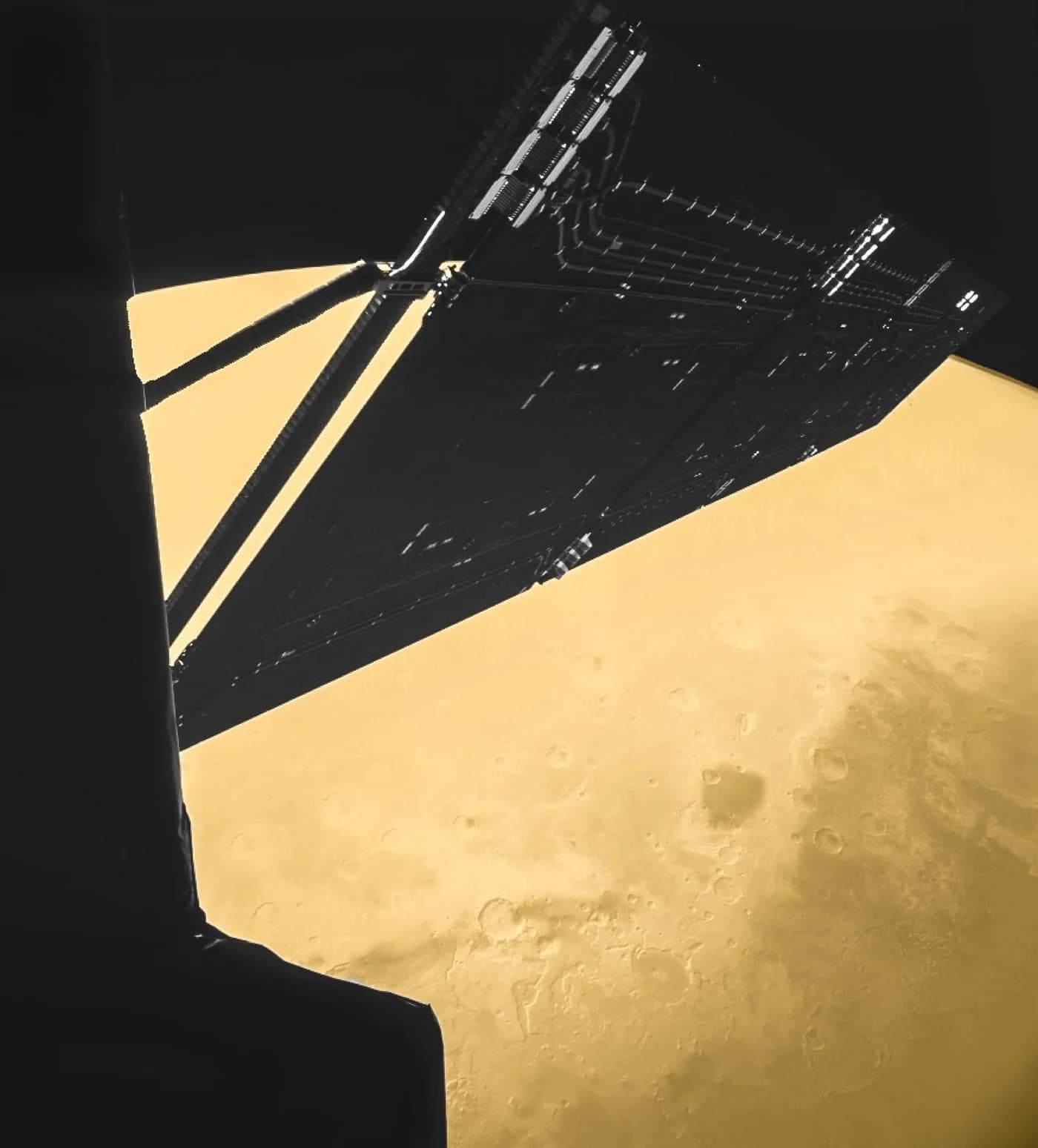 One of Rosetta’s solar wings against Mars, imaged by the CIVA camera on the Philae lander shortly before closest approach during the Mars gravity assist on 25 February 2007 (colour added).