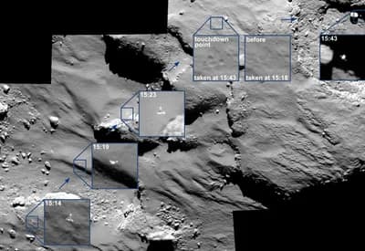 Mozaika z kamery OSIRIS sondy Rosetta, pokrývající asi 30 minut kolem prvního dosednutí modulu Philae 12. listopadu 2014; výřezy ukazují modul při přibližování k povrchu a po odrazu.