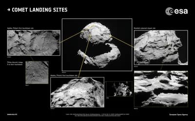 Přehled ESA s menším lalokem komety 67P: místo prvního dosednutí Philae Agilkia, konečné místo Abydos a plánovaná oblast dopadu Rosetty v oblasti Ma’at.