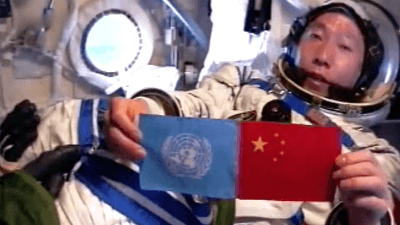 Yang Liwei aboard Shenzhou 5 during his orbital flight, October 2003.