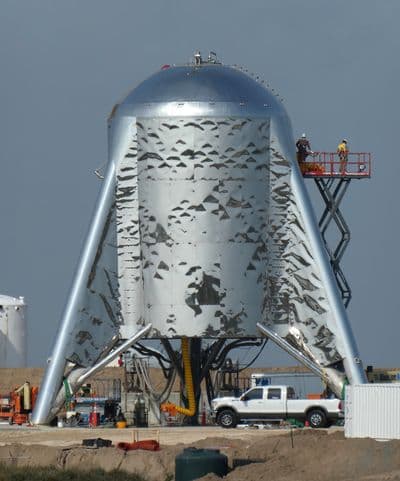 The first flight demonstrator Starhopper at Starbase, forerunner of the Starship programme.