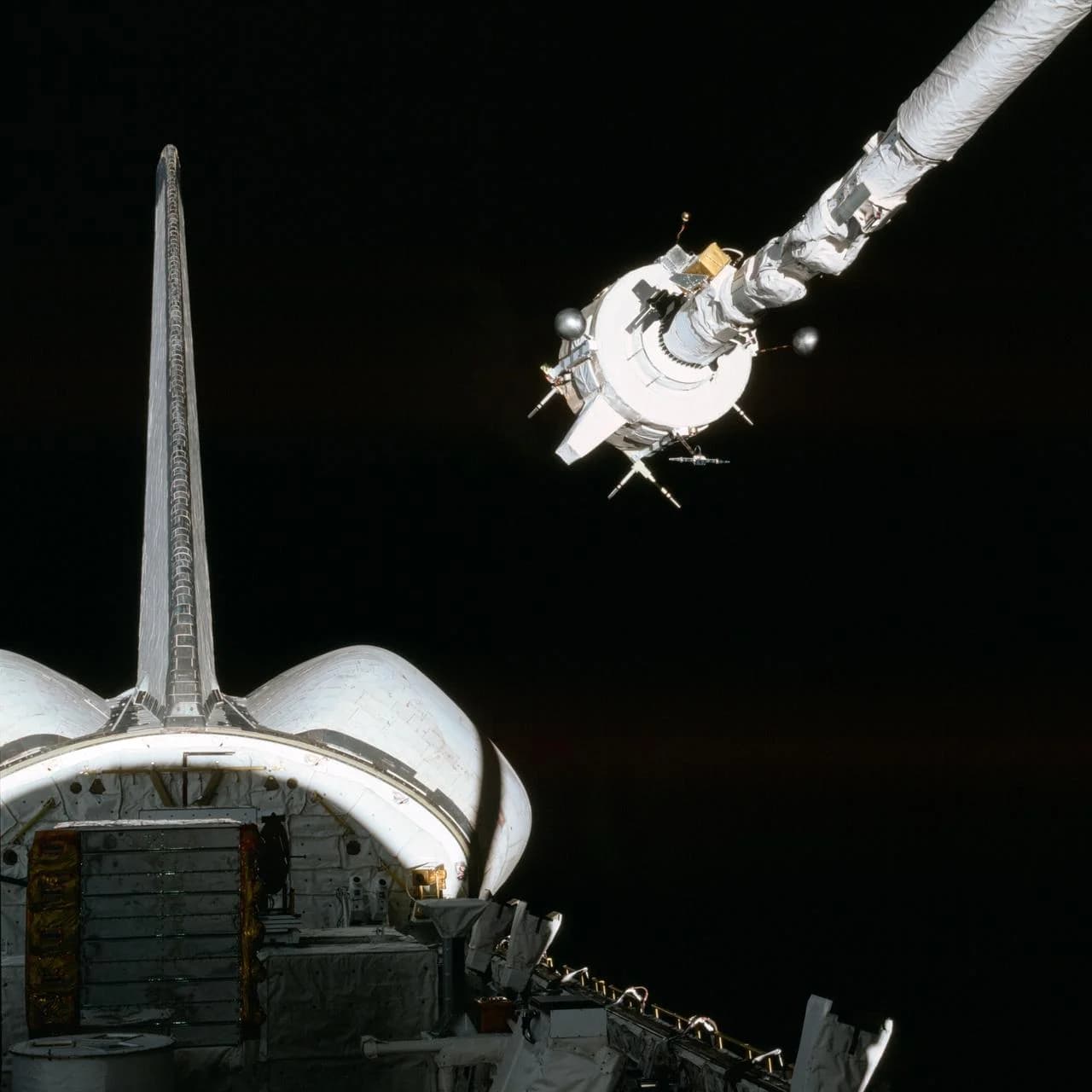 The Plasma Diagnostics Package held by Canadarm during STS-3, with OSS-1 equipment in the cargo bay.