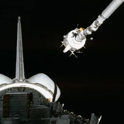The Plasma Diagnostics Package held by Canadarm during STS-3, with OSS-1 equipment in the cargo bay.