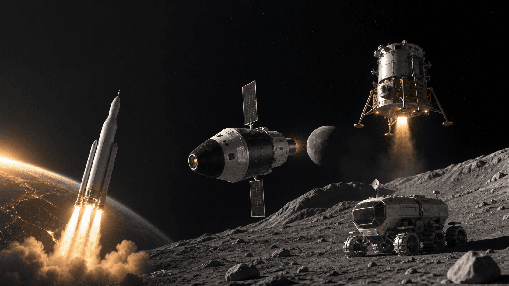 Conceptual visual: two launches, lunar-orbit rendezvous and a separate landing spacecraft.