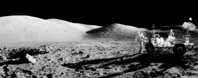 Commander Eugene Cernan next to the Lunar Roving Vehicle at the Taurus-Littrow landing site, 12 December 1972.
