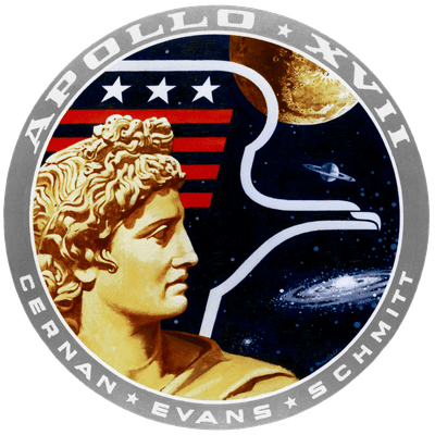 Official insignia (mission patch) of Apollo 17, designed by Robert McCall, depicting Apollo (the Greek sun god) with an American eagle and the Moon.