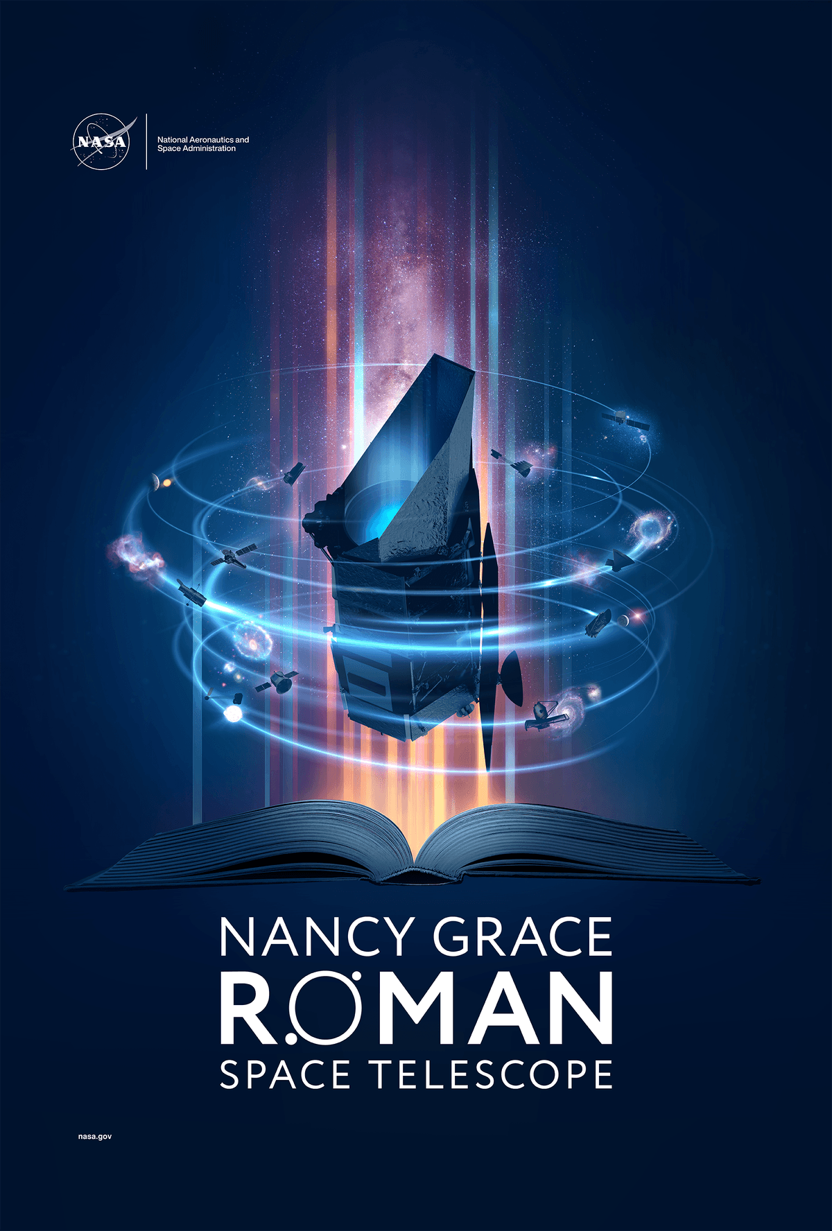 Official NASA illustration showing the Nancy Grace Roman telescope in space.