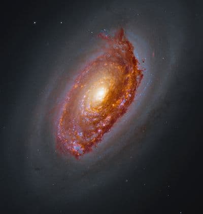 Easily identified by the spectacular band of dark dust that partially obscures its bright core, Messier 64, or the Black Eye Galaxy, is characterized by its bizarre internal motion (black-eye-galaxy)