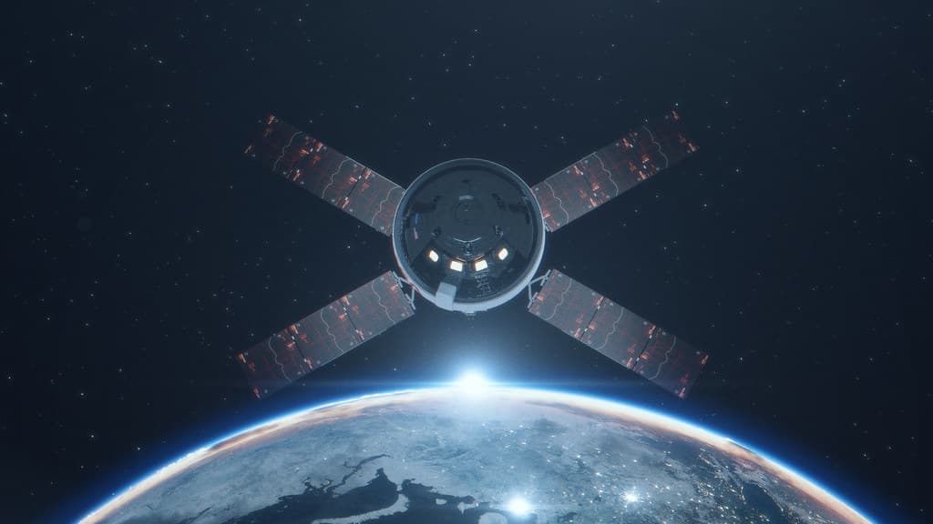 Artist concept of the Orion spacecraft orbiting Earth